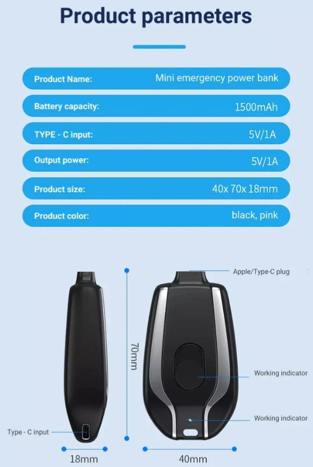 1500 MAH Mini Portable Keychain Phone Charger Emergency Power Banks